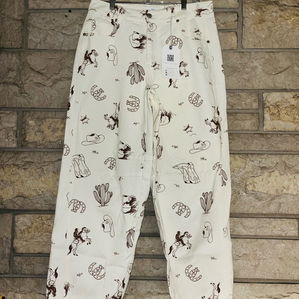 Cali 1850 Western All Over Printed Barrel Pants NWT Relaxed Crop Ivory/Brown 11 - Picture 5 of 12